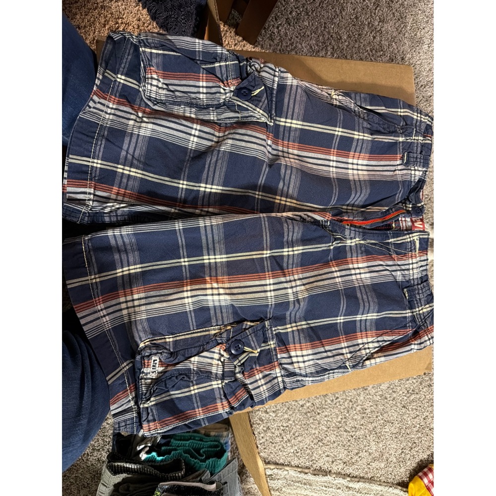 Levis Mens Plaid Cargo Shorts Navy Blue Orange White 100% Cotton Size 16R